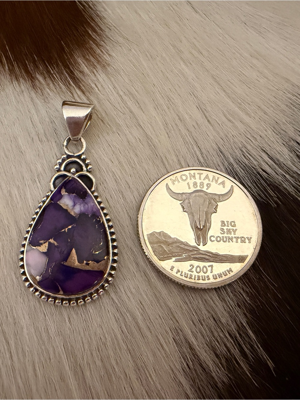 ❤️ Purple White Dahlia Kingman Turquoise Sterling 925 Statement Pendant Unisex - Picture 4 of 12